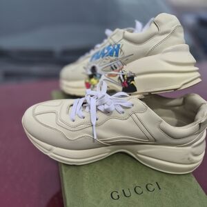 Gucci Rhyton Cream Leather Sneakers with Graphic Detail